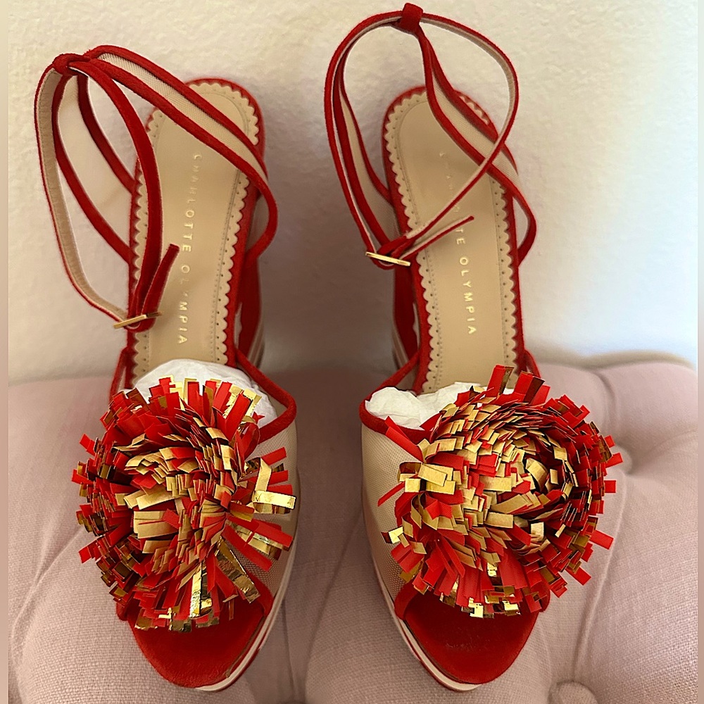 Charlotte Olympia Super Bowl Wedges. Red Suede